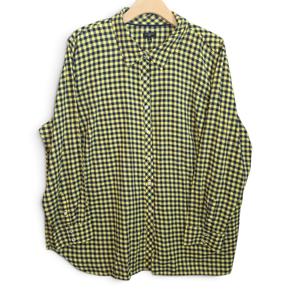 Talbots Woman Shirt Womens 3X Yellow Navy Blue Gingham Plaid Button Up Collared